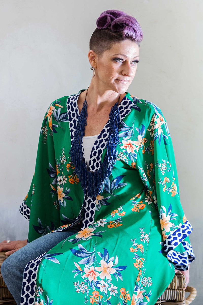 Long Border Kimono - Eastern Fusion Green