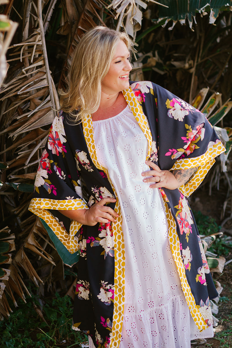 Long Border Kimono- Midnight Flower