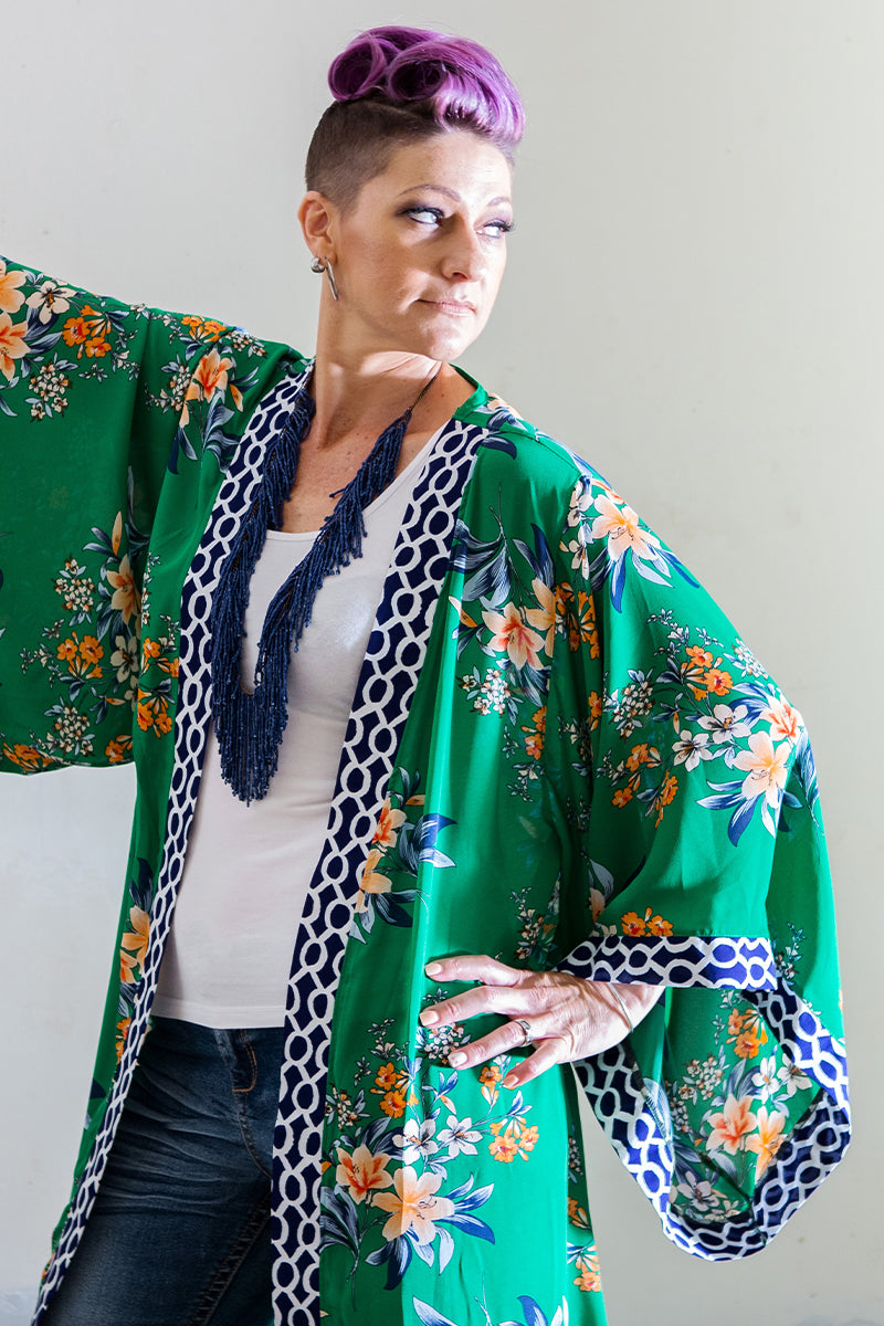 Long Border Kimono - Eastern Fusion Green